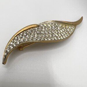 Vintage Brooch Pin JJ Pave Rhinestone Leaf 3.25" Brushed Antique Gold Tone 22.8g